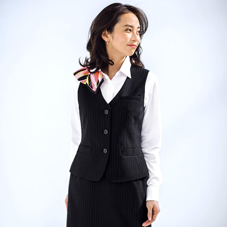 【事務服ベスト ストライプ柄】オールシーズン素材・ ストレッチ・家庭洗濯可 5～21号 2色/オフィスユニフォーム