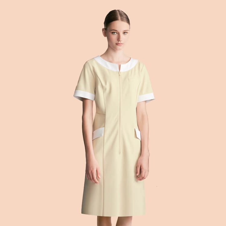 【エステユニフォーム ワンピース】 フロントファスナー  丸編みニット素材  5～15号  3色 / エステティシャン制服