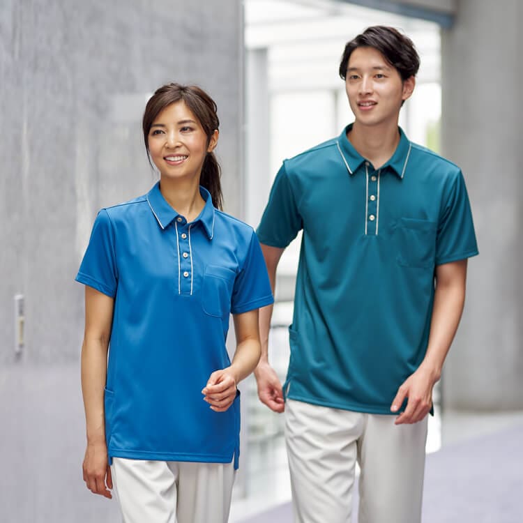 【エステユニフォーム ポロシャツ】 両脇ポケット「ゆったりなのに細見え美バランス」 ニット素材 SS～５L