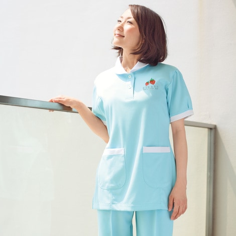 【エステティシャンポロシャツ レディース】 丈長め・防縮ニット・吸汗素材 S～LL  ピンク/サックス