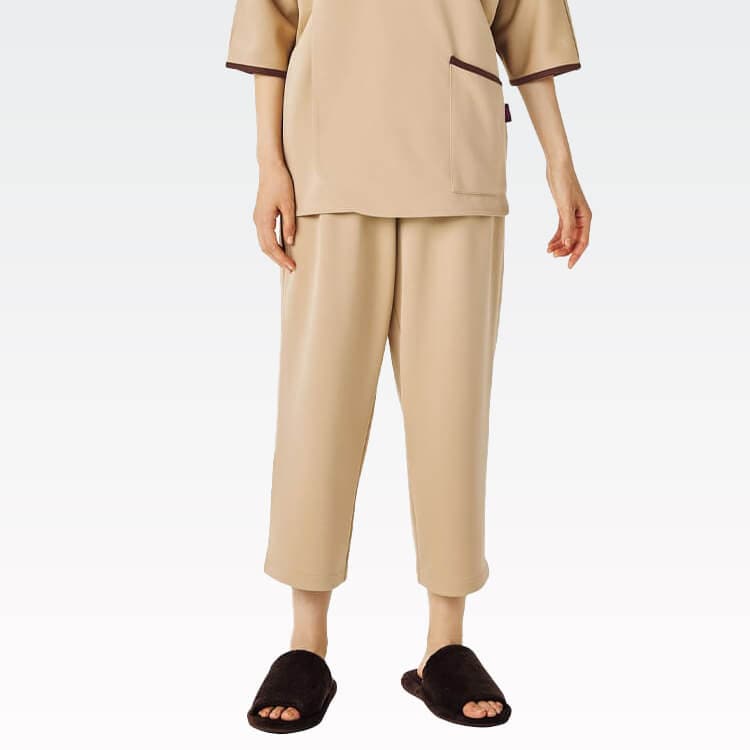 【患者衣 ズボン】 男女兼用・ニットストレッチ・S～3L  ネイビー ベージュ  検診衣/入院パジャマパンツ (FOL6018BK)