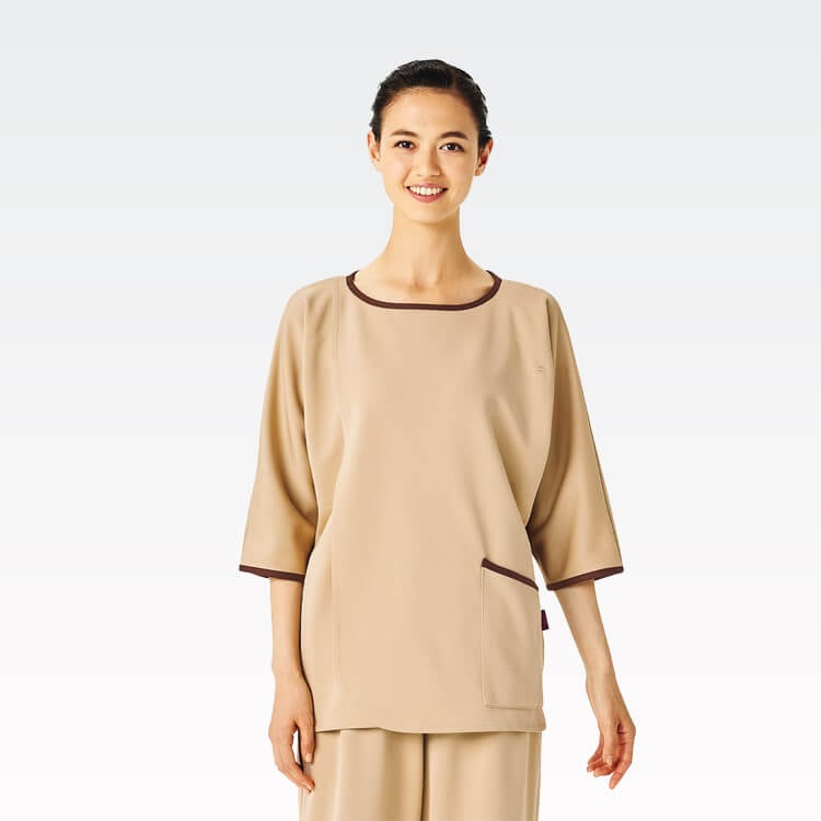 【患者衣 トップス】男女兼用・ニットストレッチ・ S～3L  ネイビー ベージュ  入院着/検診衣 (FOL7086BK)