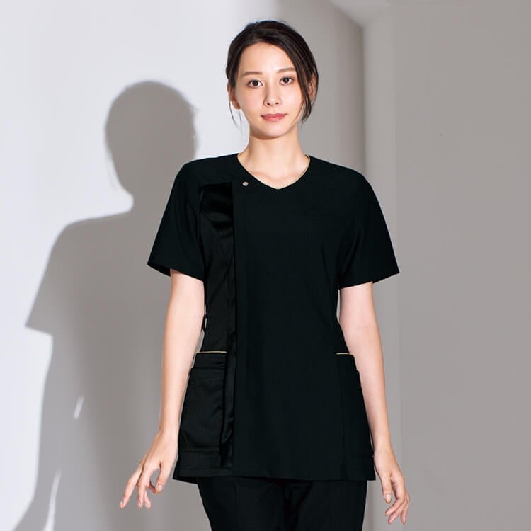 【医療スクラブ レディース】 看護師ウェア・ニットストレッチ・吸汗速乾  S～3L ネイビー  ブラック色/クリニックユニフォーム