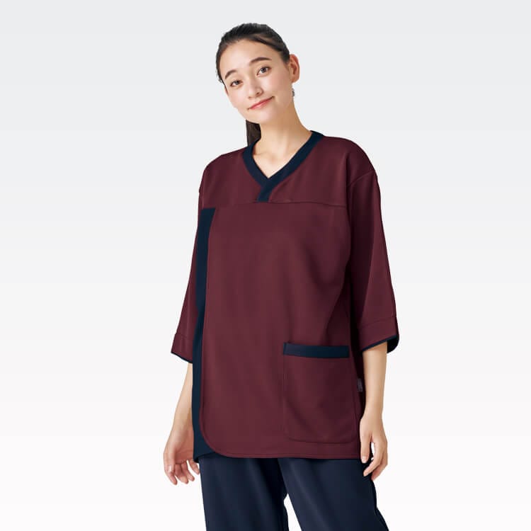 【検診衣 上衣】男女兼用・ニットストレッチ・吸汗速乾 S～3L  ネイビー・バーガンディ  人間ドックウェア/介護着 (FOL7075SK)