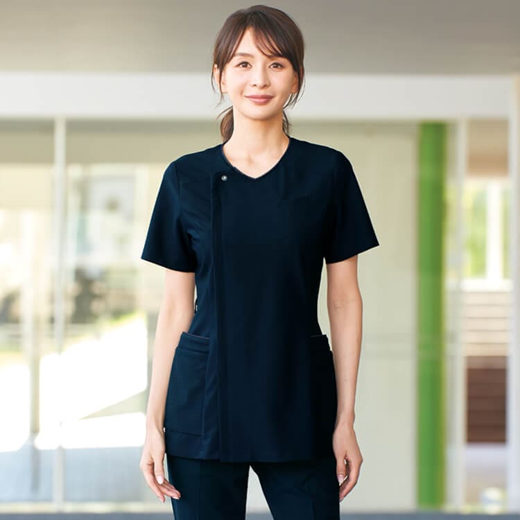 【医療スクラブ レディース】 クリニックユニフォーム・ニットストレッチ・吸汗速乾  S～3L 3色 ナース白衣/看護師ウェア