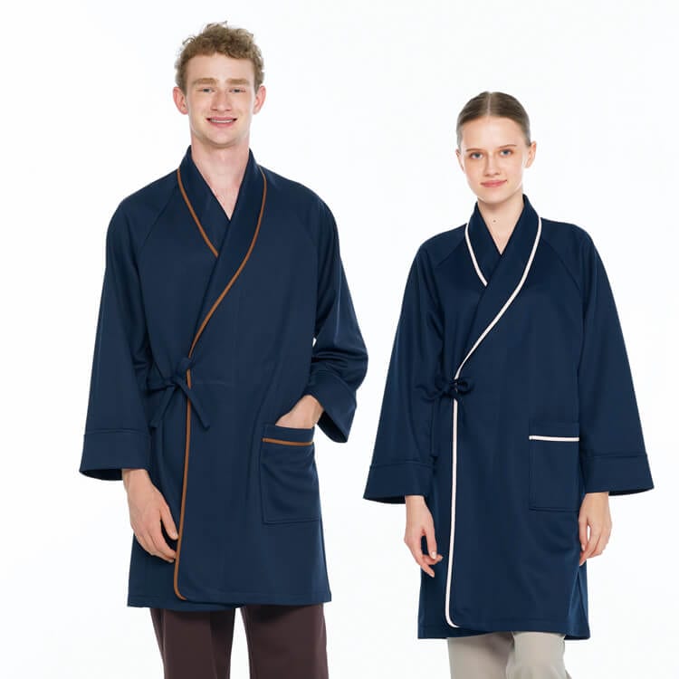 【ナガイレーベン患者衣 ガウン】男女兼用・制電・ニットストレッチ・防汚・吸汗速乾  M・L ネイビー 検査着 (NGLLK1430)