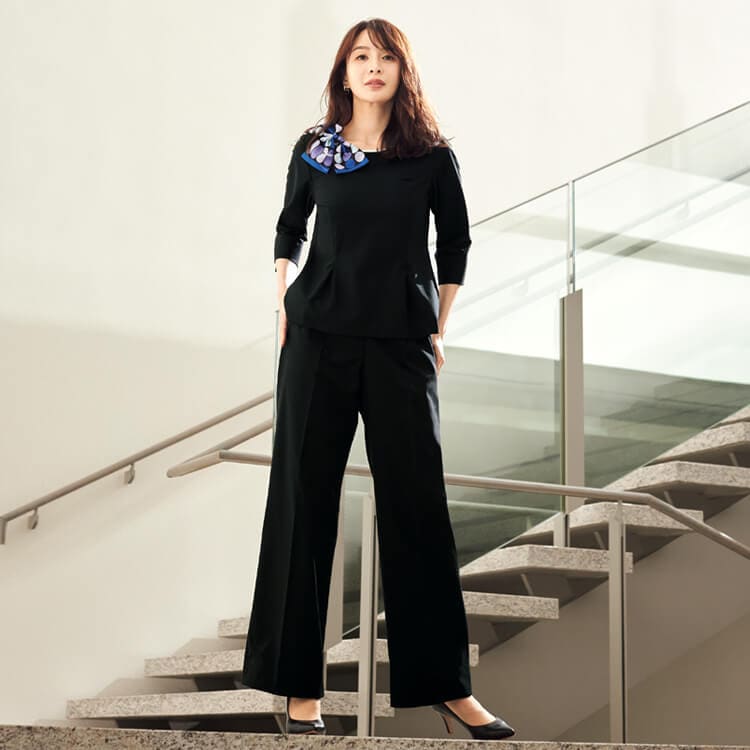 【事務服ワイドパンツ】 ストレッチ 「ウエストゴム」 5号～19号ネイビー・ブラック （家庭洗濯可） 会社制服/オールシーズン (JOI72095)