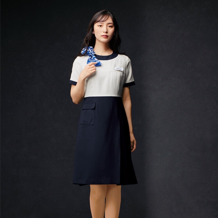 【事務服ワンピース】 ストレッチ（スカート部分） 高通気素材・家庭洗濯可 5～19号 2色  ホテル受付制服/ショールーム