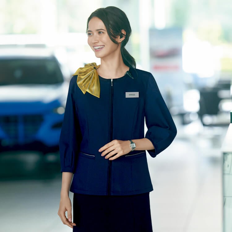 【事務服ジャケット 夏服】enjoyスカーフループ付き「吸汗速乾＆ストレッチ」UVカット・ECO素材・ 5～19号 ネイビー/グレー  店舗接客ユニフォーム