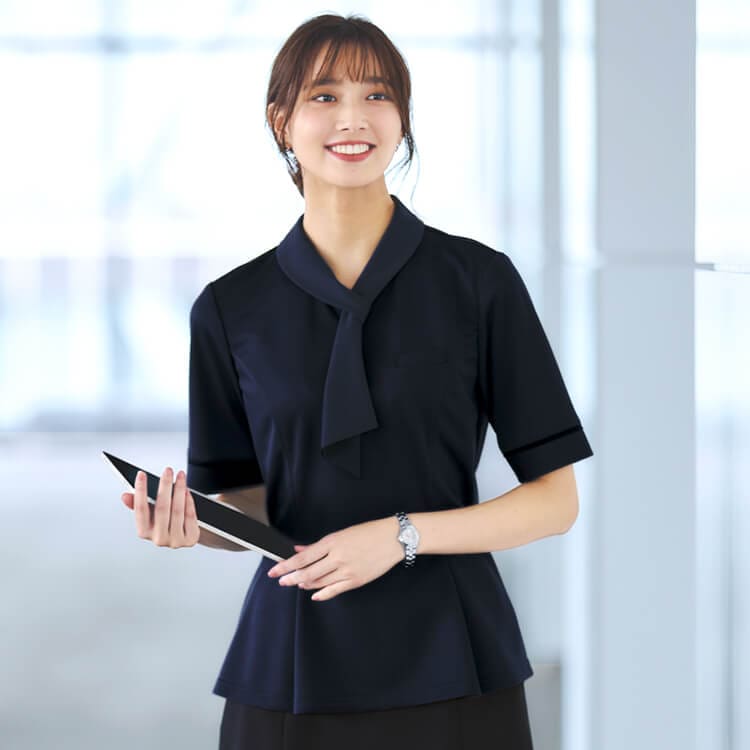 【事務服ポロシャツ】 ボウタイ・ニットストレッチ・吸汗速乾・清涼素材・ECO 5～21号 3色 /夏服会社制服