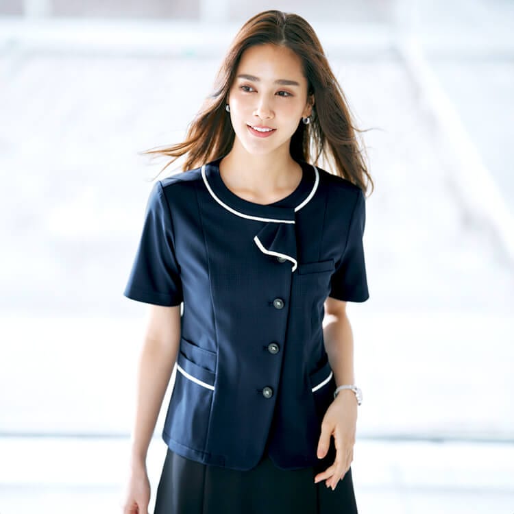 【事務服オーバーブラウス】 ニットストレッチ・吸汗速乾・清涼素材・UVカット 5～21号 2色 /夏服オフィスユニフォーム