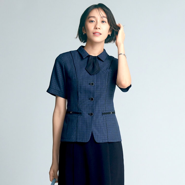 【事務服オーバーブラウス】 チェック柄・吸汗速乾・高通気・抗菌防臭 5～19号 ネイビー  グレー /会社制服 夏服