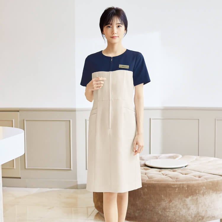 【エステユニフォーム ワンピース】 ストレッチ・吸汗速乾・制電  7号～15号 ネイビー・ブラック・ベージュ  化粧品販売/エステティシャン制服