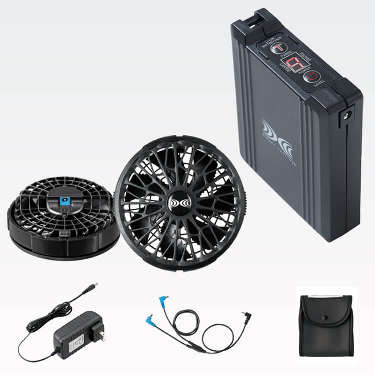 【空調服14Vスターターキット】ファン色ブラック「バッテリーファン+付属ケーブル」最大風量76.0L 秒 
