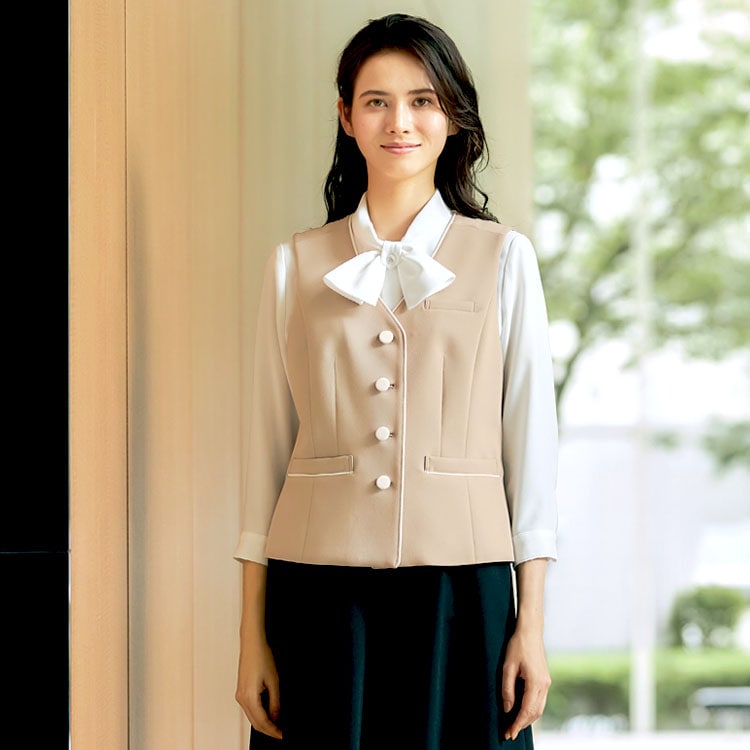 【受付接客ベスト 夏服】 事務服・ニットストレッチ・防シワ・吸汗速乾・高通気 5～17号・3色  ホテル制服・ショールーム/マリークワント