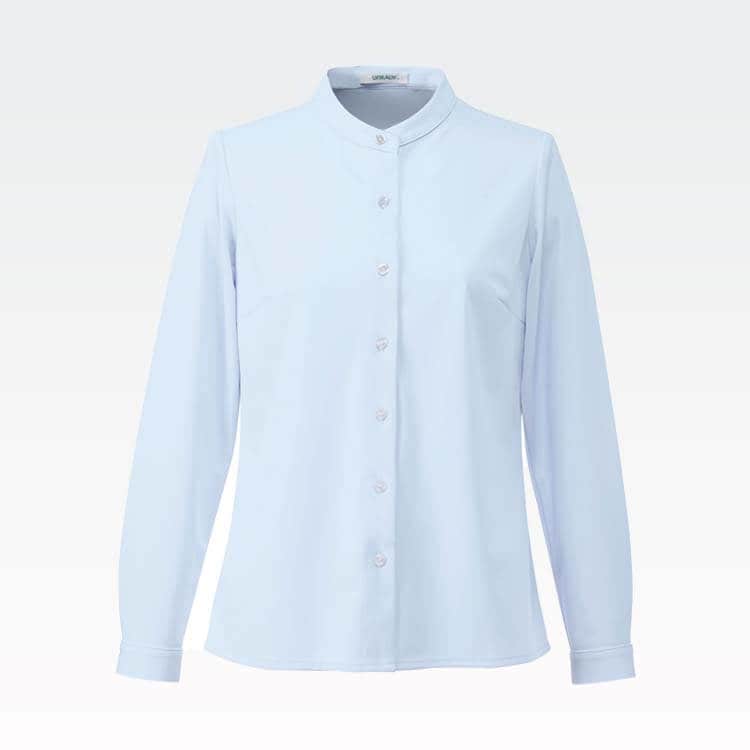 【事務服ブラウス 長袖】 スタンドカラー 抗菌防臭・ニットストレッチ・吸汗速乾・防汚加工・ノーアイロン 5～19号 4色/会社制服