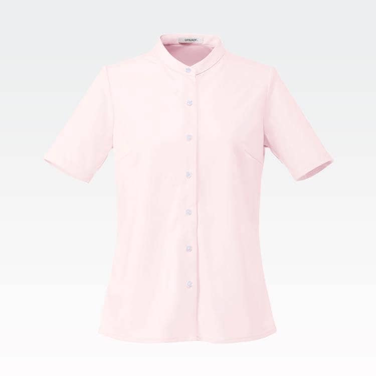 【事務服ブラウス半袖】 スタンドカラー 抗菌防臭・ニットストレッチ・吸汗速乾・防汚加工・ノーアイロン 5～19号 4色  衿なし/会社制服夏