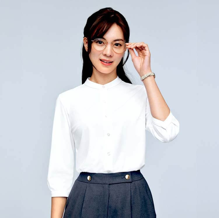 【事務服ブラウス七分袖】スタンドカラー「抗菌防臭＆吸汗速乾」ニットストレッチ・防汚素材・ノーアイロン 5～19号 4色/オフィスユニフォーム