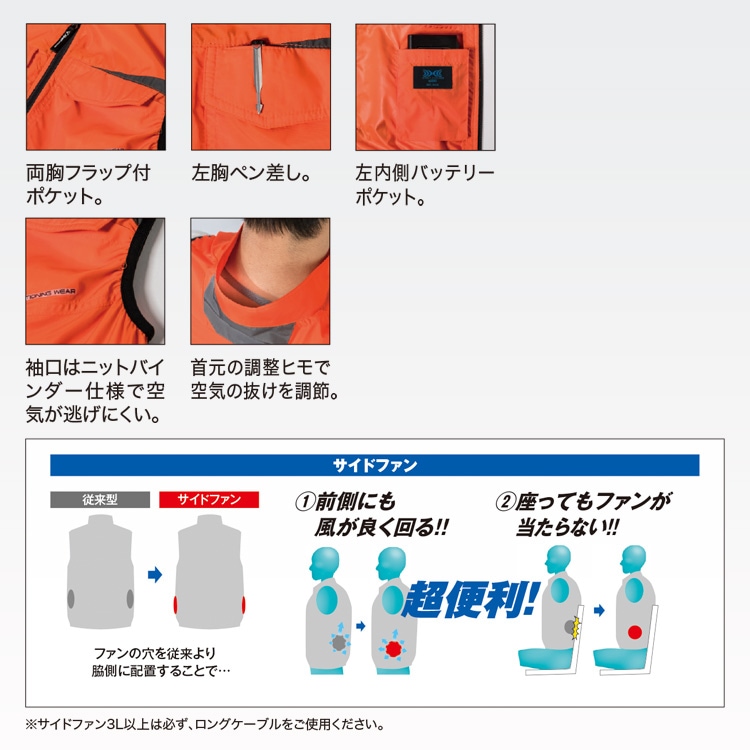 空調服 ベスト｜サイドファン・運転シートにファンが干渉しない横