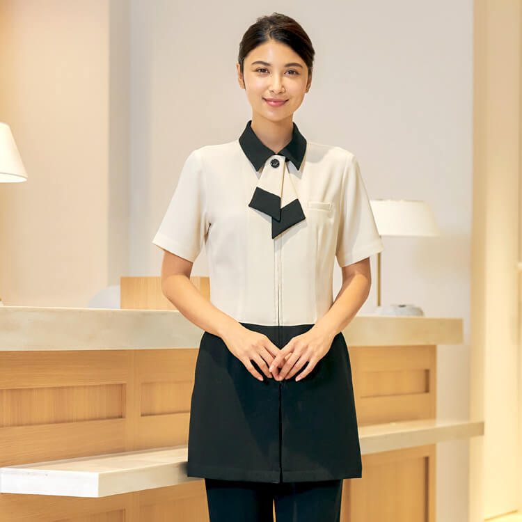 【受付制服ジャケット 夏服】  防シワ・5～17号・ブラック アイボリー  ショールーム制服/マリークワント