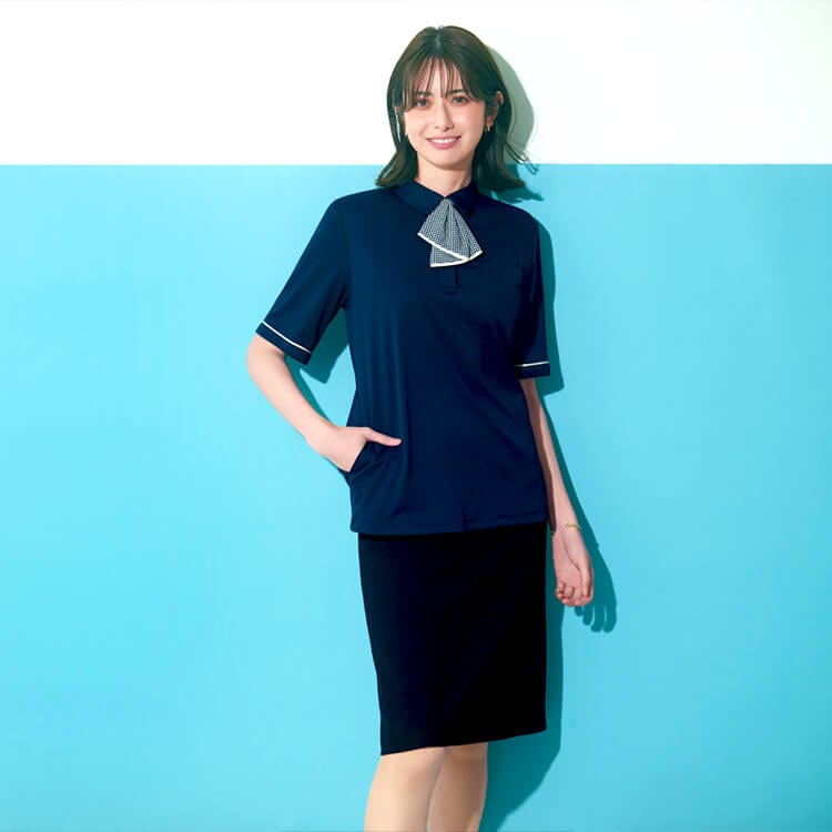 【夏服 事務服上下セット】 「オフィスポロシャツ＆スカート」 ネイビー ブラック/会社制服