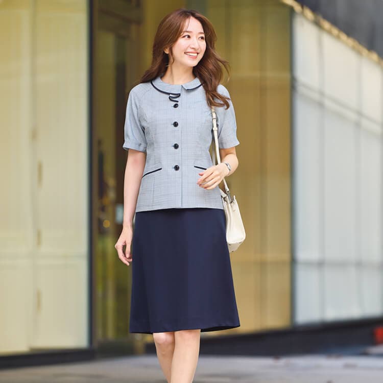 【事務服上下セット 夏服】 「オーバーブラウス＆スカート」 ブルー  ラベンダー  店舗ユニフォーム/会社制服