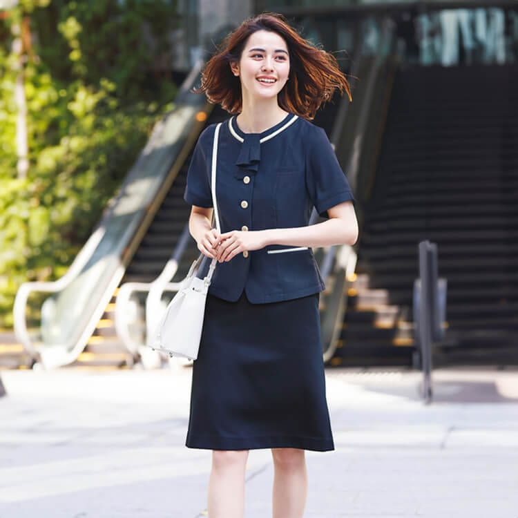 【事務服上下セット 夏服】 「オーバーブラウス＆スカート」 ネイビー グレー  店舗ユニフォーム/会社制服