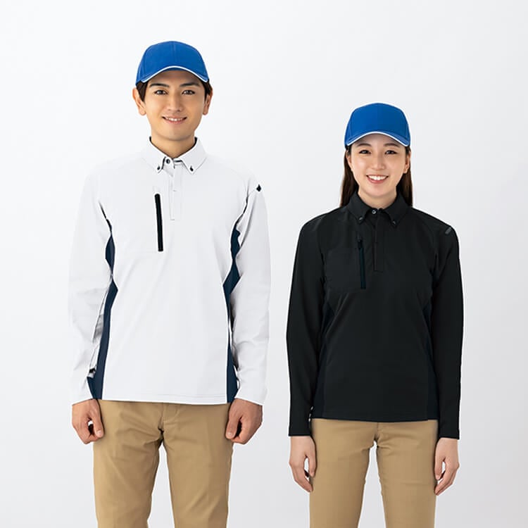 【ポロシャツ作業服 長袖】ボタンダウン・男女兼用・吸汗速乾・ストレッチ・UVカット・防汚 SS～6L 5色 / 運送会社ユニフォーム