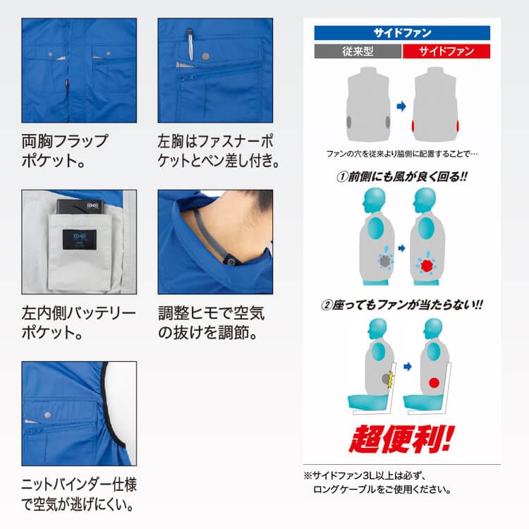 空調服 ベスト｜防汚＆抗菌防臭の清潔素材！運転時も快適 「サイド