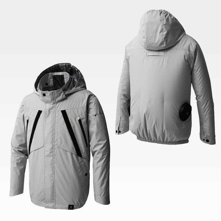 【空調風神服24Ｖセット】フード付き「スマホで1V単位の風量調整できる」遮熱・UVカット M～3L ３色/ファン付き作業着