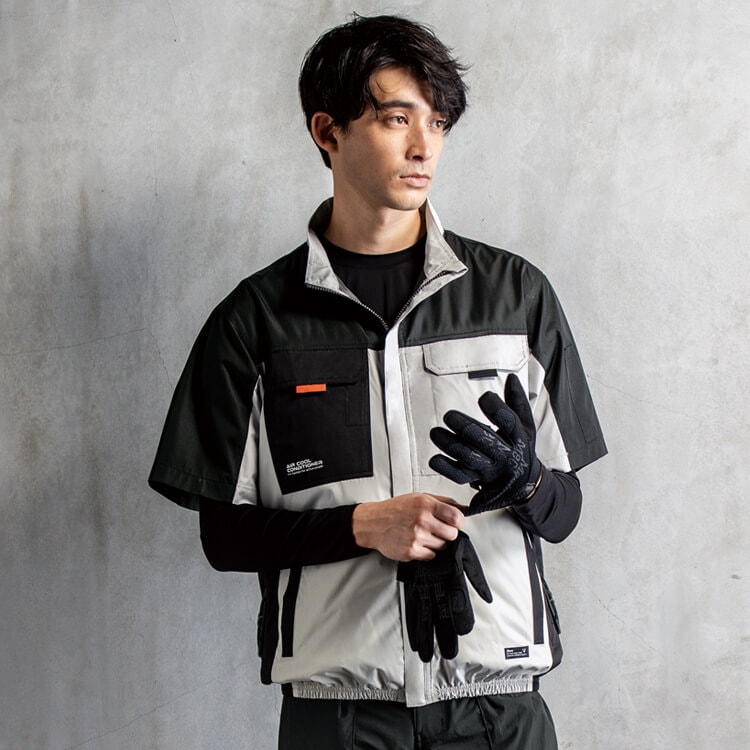 【空調服セット18V】保冷剤ポケット付き「半袖ジャンパー＆バッテリーファン」サイドファン グレー・ネイビー・チャコール/ファン付き作業着