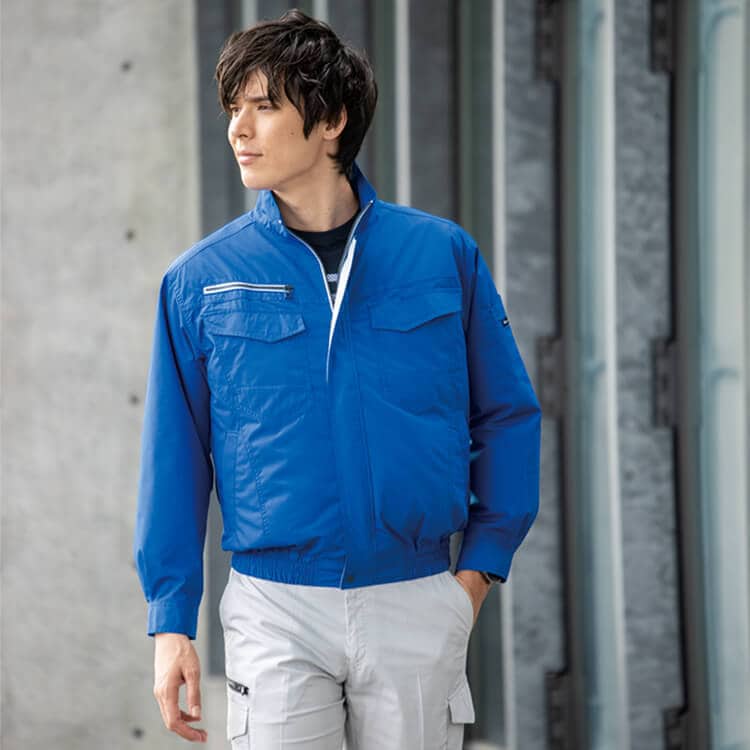 【空調服セット18V】サイドファン「長袖作業着＋バッテリーファン」遮熱素材 マイナス2℃の涼しさ・S～5L  ネイビー・シルバー・ブルー/ファン付き作業服