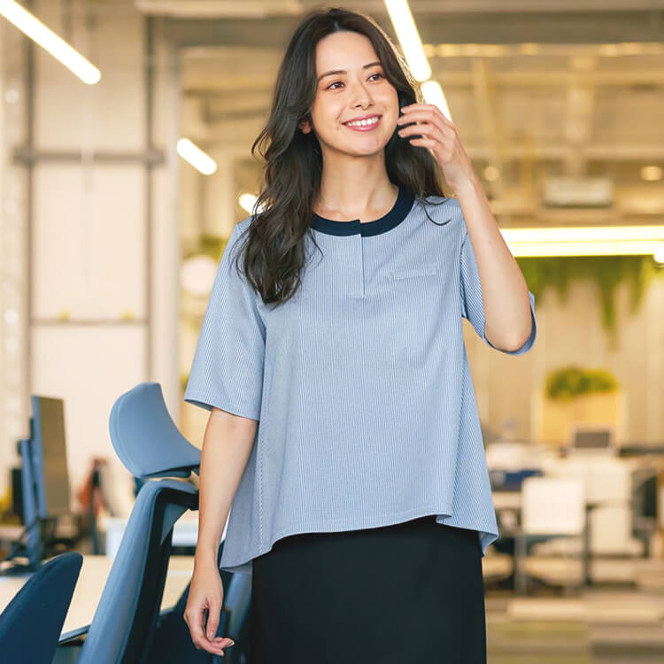 【事務服プルオーバー】夏用・ニットストレッチ・吸汗速乾・高通気素材 S～3L ネイビー ブルー /オフィスユニフォーム