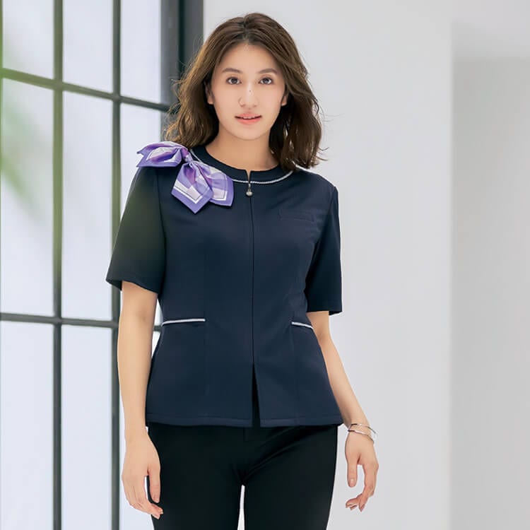 【事務服オーバブラウス】 「高通気素材！」 ファスナー仕様・ニット素材・吸汗速乾・家庭洗濯可 5～17号 ネイビー ブルー 夏服/企業受付制服