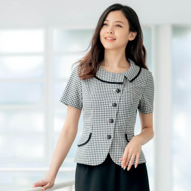 【事務服 オーバブラウス】 チェック柄 「高通気素材」 吸汗速乾・家庭洗濯可 5～17号 モノトーン 夏用/会社制服