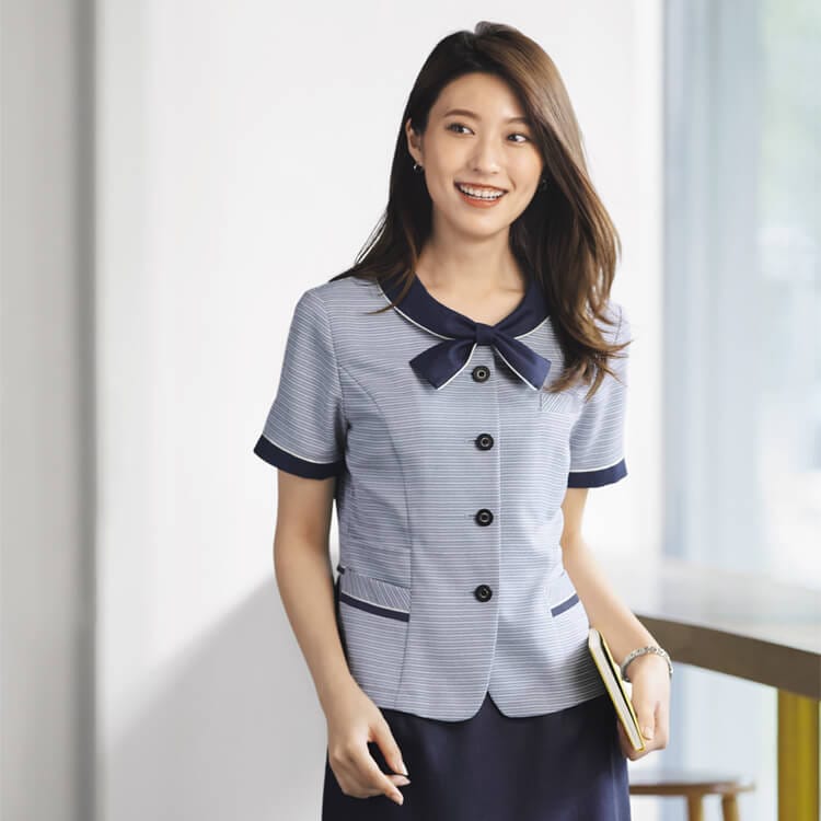 【事務服オーバーブラウス】 リボン衿・ECO素材・清涼素材 5～21号 ブルー ネイビー 夏服/オフィスユニフォーム