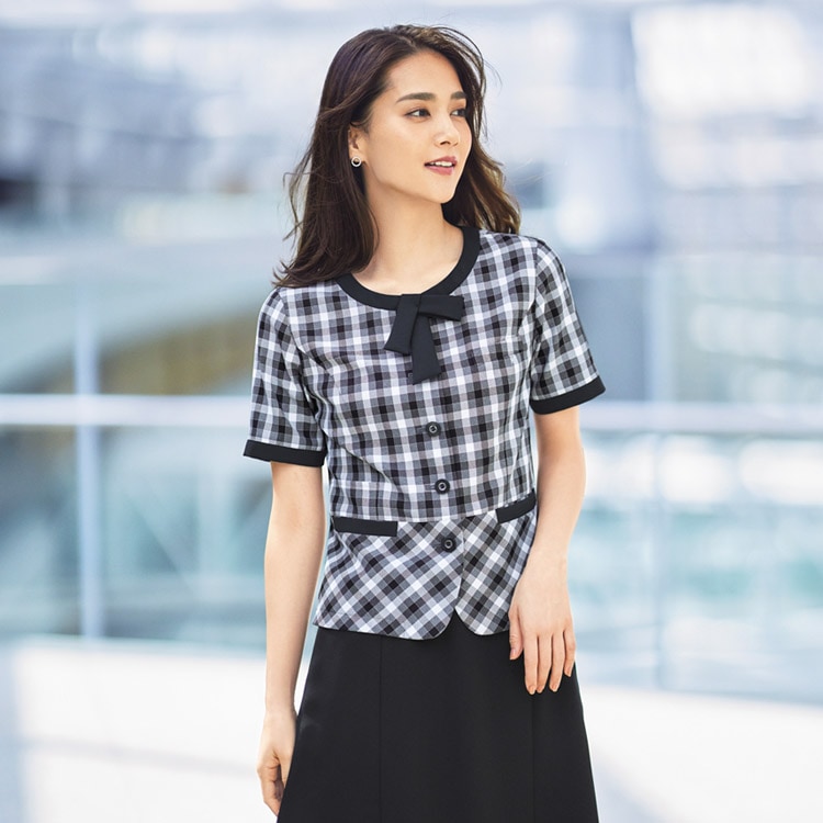 【事務服オーバーブラウス】 「高通気素材」 チェック柄・吸汗速乾  5～21号 モノトーン ブルー 夏服/オフィスユニフォーム