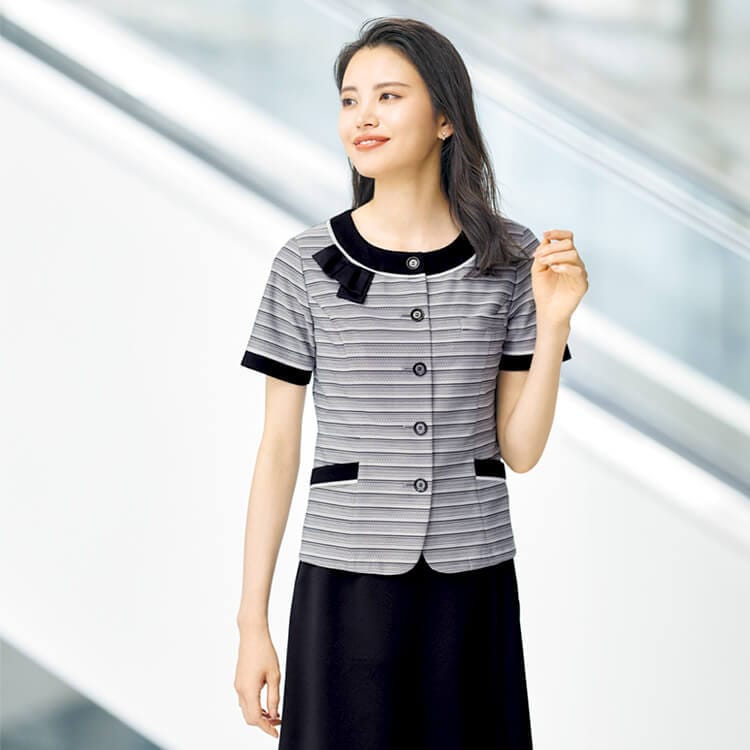 【事務服オーバーブラウス】 「涼しい素材」 ボーダー柄・ストレッチ・エコ素材 5～21号 2色 夏用/会社制服