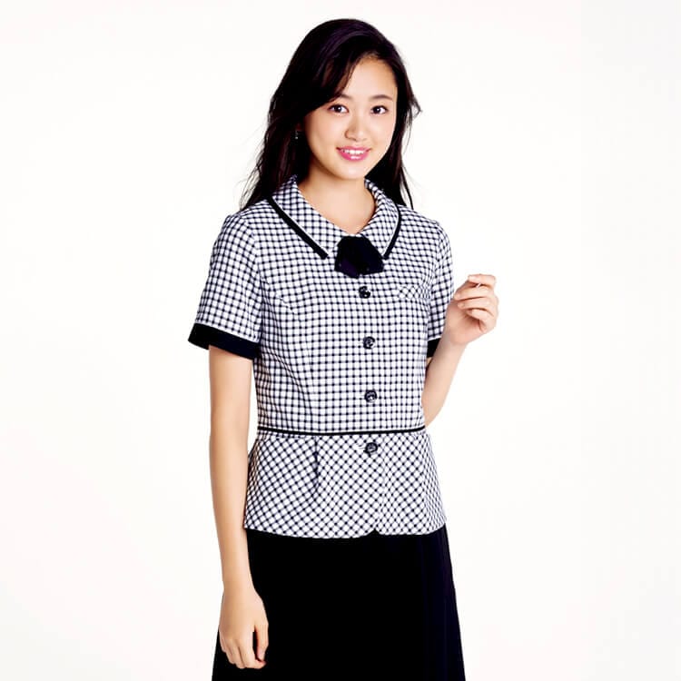 【事務服オーバーブラウス チェック柄】 「高通気素材」 リボン取り外し可能（2WAY) 消臭テープ 5～21号 グレー   ピンク 夏用/会社制服