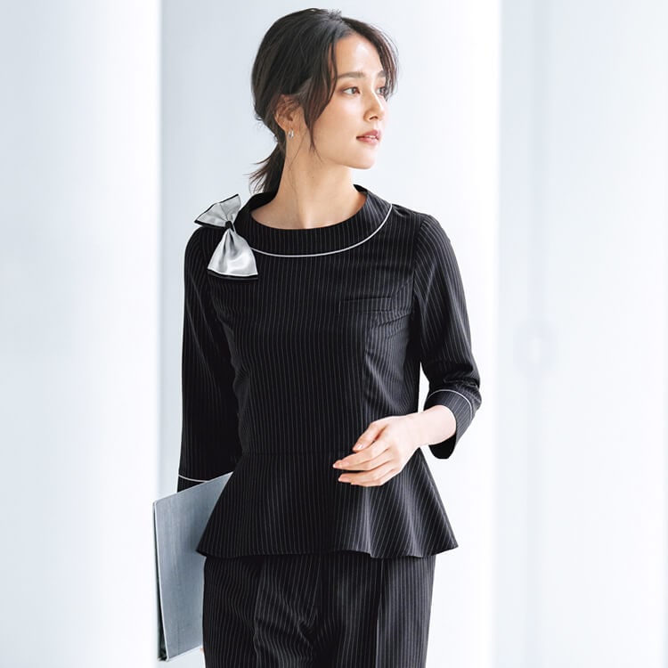 【事務服 プルオーバー】 ストライプ柄・ストレッチ・吸水速乾・ECO素材・家庭洗濯可 5～21号 ブラック色 接客業制服/オフィスユニフォーム