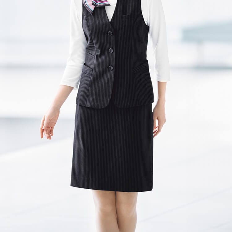 【事務服スカート ストライプ柄 夏用】 タイト・ストレッチ・吸水速乾・ECO素材・家庭洗濯可 53cm丈（9号） 5～21号 ブラック色 会社制服/オフィスユニフォーム