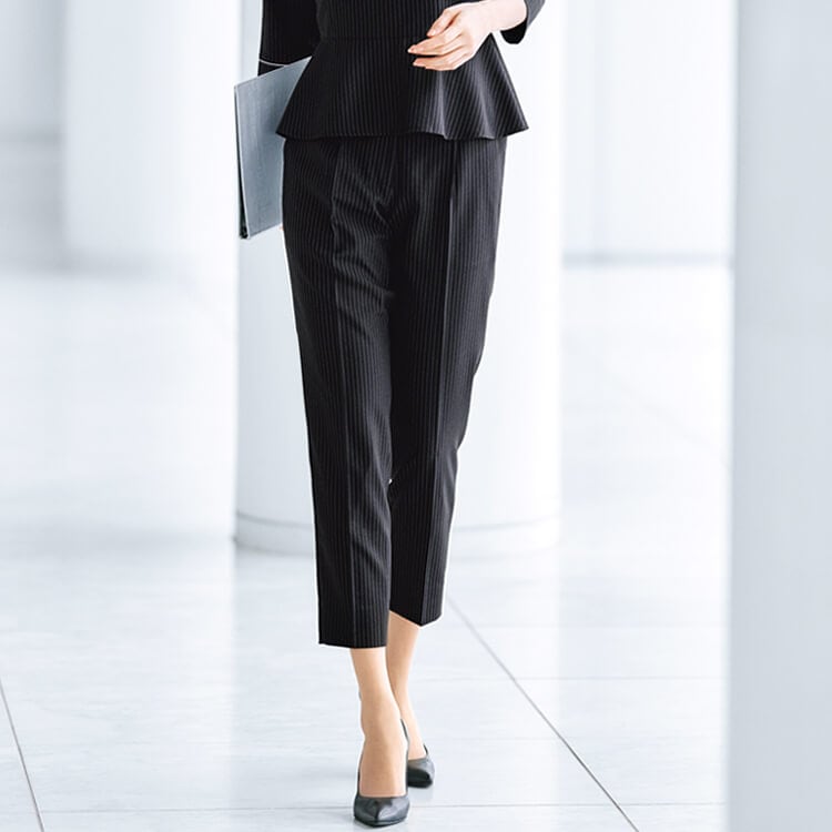 【事務服パンツ 夏用】 ストライプ柄・ストレッチ・吸水速乾・ECO素材・家庭洗濯可 63cm丈 5～21号 ブラック色 店舗制服/オフィスユニフォーム ズボン