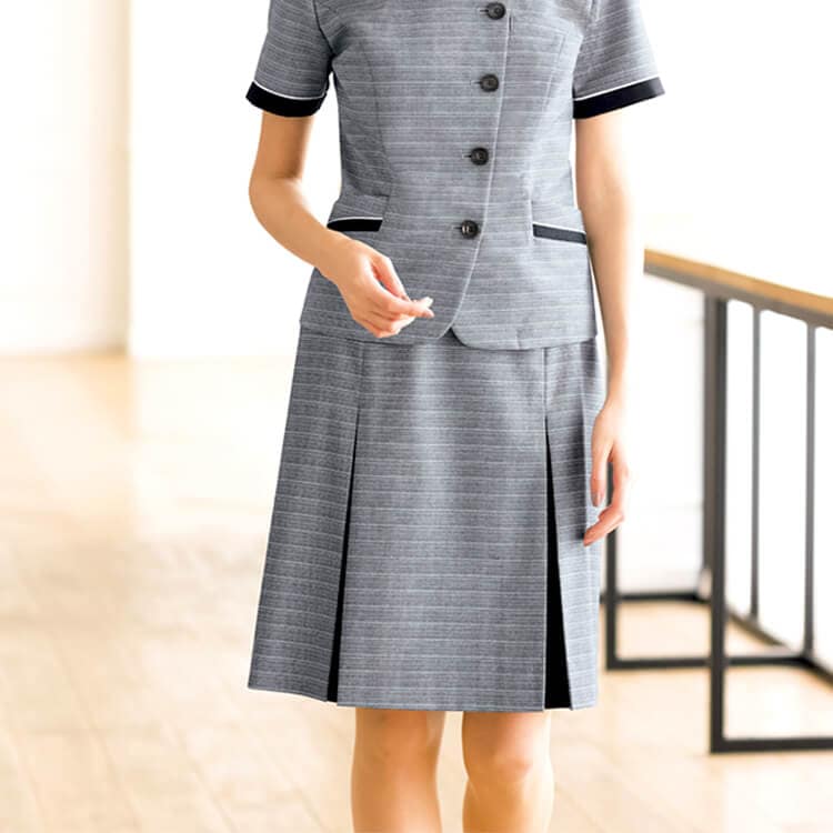 【事務服スカート 夏用】 「こだわりボーダー柄」 プリーツデザイン 5～21号 グレー色 会社制服/オフィスユニフォーム