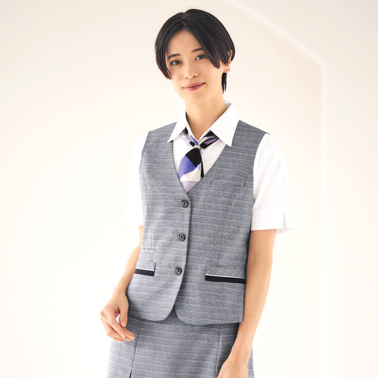 【事務服ベスト 夏用】 「こだわりボーダー柄」 家庭洗濯可 5～21号 グレー色 会社制服/オフィスユニフォーム