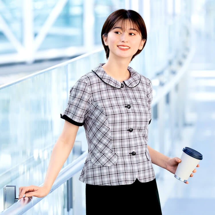 【事務服オーバーブラウス】 チェック柄・イージーケア・家庭洗濯可 5～17号  ピンク×ブラック 夏服/会社制服