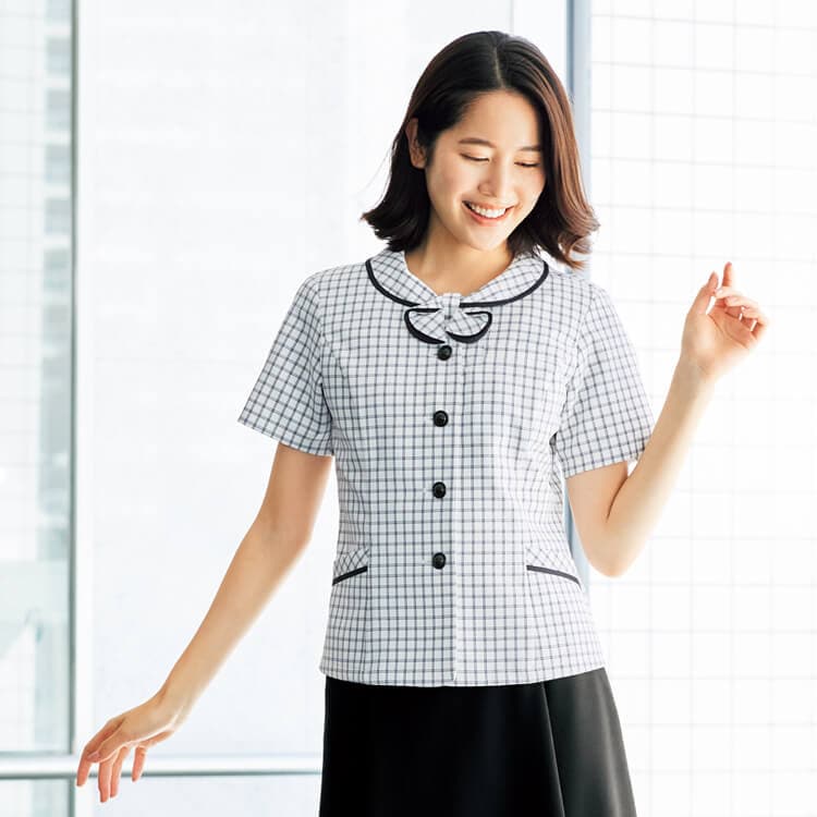 【事務服オーバーブラウス】チェック柄・イージーケア・UVカット・透け防止・家庭洗濯可 5～17号  夏用/オフィスユニフォーム