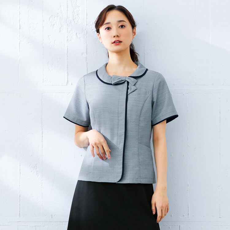 【事務服 オーバーブラウス】 「上質感のあるツイード素材」 イージーケア・家庭洗濯可 5～17号 ライトブルー  ネイビー 夏用/受付制服