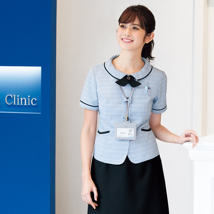【事務服 オーバーブラウス半袖】 「サマーツイード素材」イージーケア・家庭洗濯可 5～17号 ブルー グレー 夏用/医療事務制服