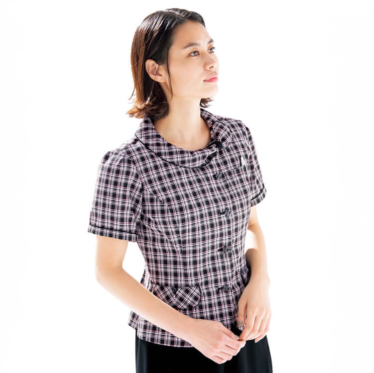 【事務服オーバーブラウス】「チェック柄 ピンク色」吸汗速乾・防汚・イージーケア・家庭洗濯可 5～17号 ピンク×ブラック 夏用/会社制服