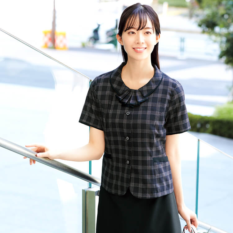 【事務服 オーバーブラウス】 抗菌防臭・イージーケア・家庭洗濯可 5～17号 サックス ピンク チェック柄 夏用/病院受付制服